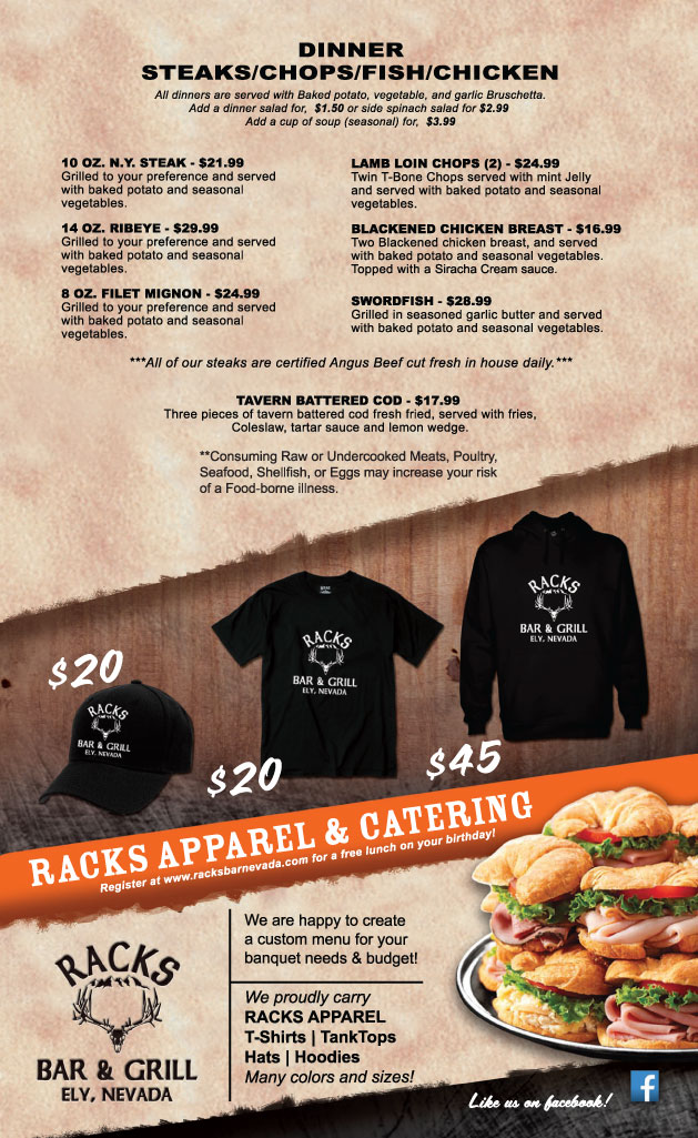 Racks Bar & Grill menu Racks Bar Nevada
